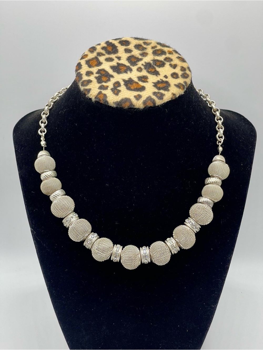Trifari Vintage Silver-Tone Necklace Mesh Textured Bead with Rhinestone Accents